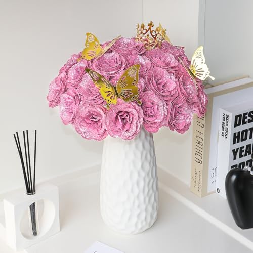 36 Pack Glitter Roses Bouquet Pink - DIY Artificial Rose Bouquet Fake Glitter Flowers with Stems Eternal Floral for Elegance Wedding Bouquet Anniversary Birthday Graduations Valentine's Day Love Gift