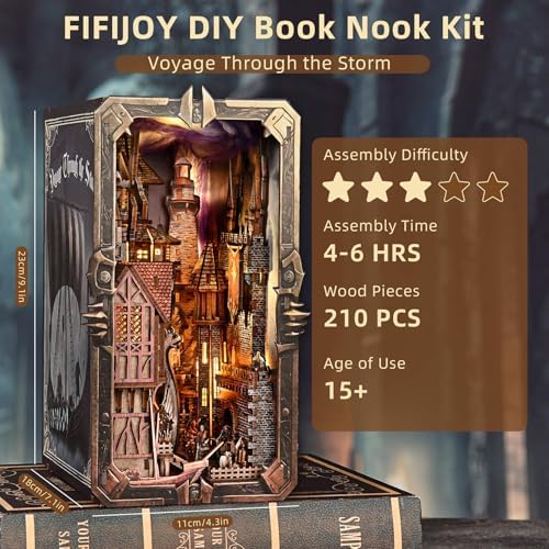 fifijoy Viking Book Nook Kit - DIY Miniature House Dollhouse Kit for Adults Teens, Booknook Tiny House Bookshelf Insert Decor 3D Wooden Puzzle, Gifts for Family, Friends (Voyage Through the Storm)