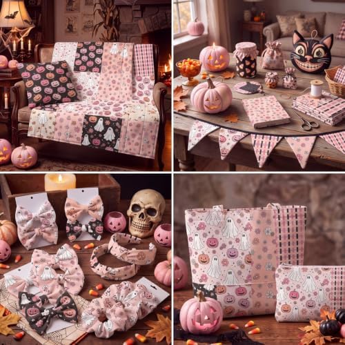 Hahafelt 10 Pcs 18"x22" Pink Halloween Fat Quarter Cute Ghost Fabric Bundle