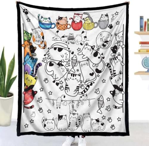 DIY Coloring Blanket for Kids, Cute Cat Doodle Fleece Throw Blanket with 24 Color Pens, Color Your Art Craft Kit, Plush Velvet Backing Gift for Girls Boys (Cats)