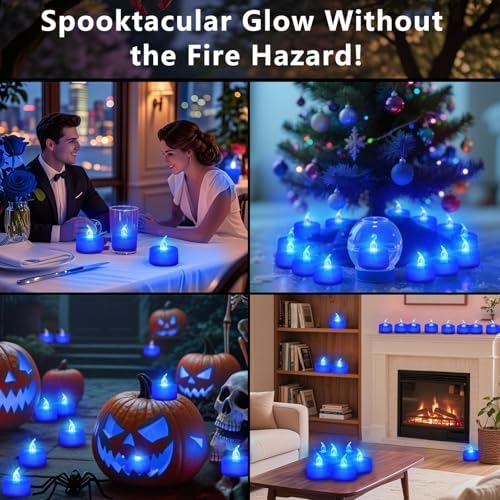 Tea Lights Battery Operated Candles LED Tea Lights Flameless Candles 200+ Hours Flickering Fake Tealights for Sweetest Day Wedding Home Decorations Party (Blue Base, 24 Pack)