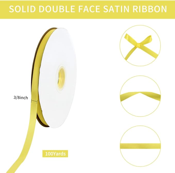 TONIFUL 3/8 Inch x 100yds Lemon Light Yellow Satin Ribbon Thin Solid Fabric - Image 2