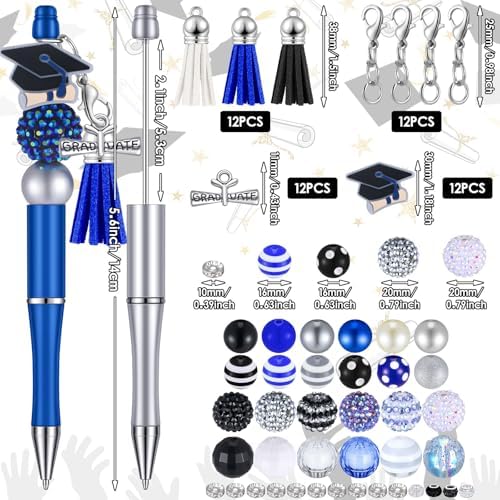 Jutom 12 Pcs Graduation Beadable Pens with 50 Pcs Focal Beads 12 Tassels 12 Cap Pendants DIY Making Kit for Office Gift