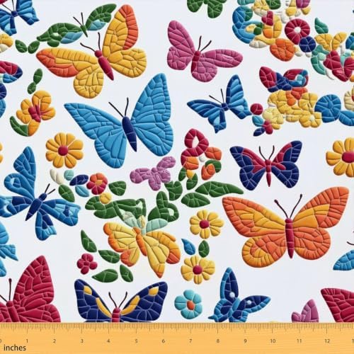 Colorful Butterfly Upholstery Fabric for Chairs Boho Floral Outdoor Fabric by The Yard 109"x63", Rustic Aesthetic Animal Country Beetles DIY Craft Hobby Polyester Fabric