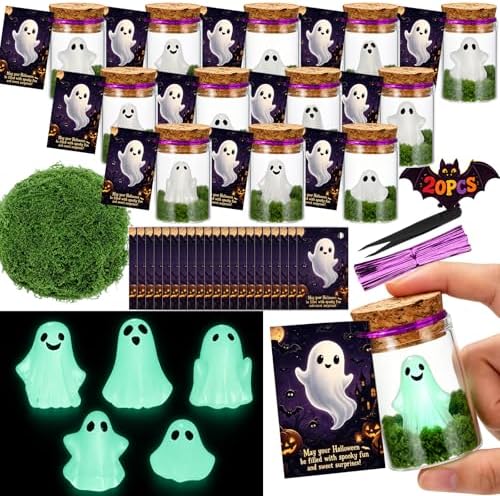 20PCS Halloween Ghost Wish Bottles Kit, Glow in The Dark Mini Ghost Jar Decorations with Decorative Moss, Cards, Tweezers & Twist Ties, Cute Spooky Party Favors and Halloween Gifts