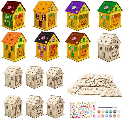 Fennoral 14 Pack Wooden Pumpkin House Craft for Kids - DIY Paint 3D Pumpkin House Art and Craft for Halloween Party Decoration