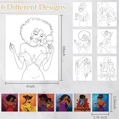 Dinifee 6 Pack Pre Drawn Canvas for Painting Pre Printed Canvas Kit 8 x 10 Inch Stretched Cotton Paint and Sip Set for Adults Couple Party Graduation Summer Date Night(Charming Lady)