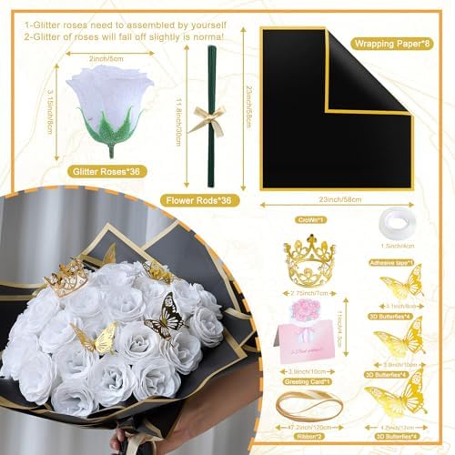 CCYXSHOW DIY Glitter Roses Bouquet White Flowers - 36 Pack Fake Shiny Bouquet with Stems Butterfly Crown Eternal Floral for Halloween Elegance Wedding Bouquets Anniversary Birthday Party Gifts