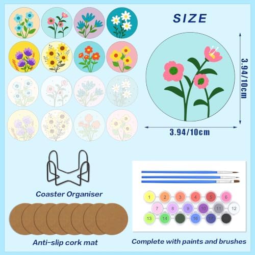 8 Pack Floral Paint by Numbers Kits Coasters with Holder Cork Pads