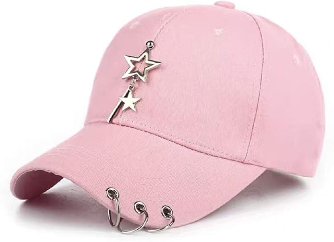K-pop Metallic Fitted Cap with Ring Chain, Unique Design, Star Embellishment