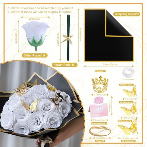 White Glitter Flowers Bouquet, Fake Roses Bouquet 16 Pcs DIY Glitter Rose Bouquet Kits Birthday Gifts for Women Mom Mother's Day Anniversary Graduation