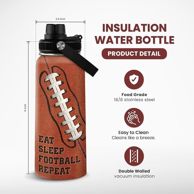 Football Water Bottle 32oz Insulated Stainless Steel Sports Bottle - Football Fans