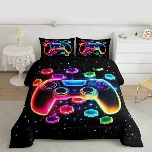 Game Consoles Kids Boys Reversible Comforter Set Toddler Size,Gaming Bedding Sets Galaxy Neon Honeycomb Video Games Polyester Quilt Set Gamer Room Decor Gifts,1 Pillowcase (Red Green Blue)