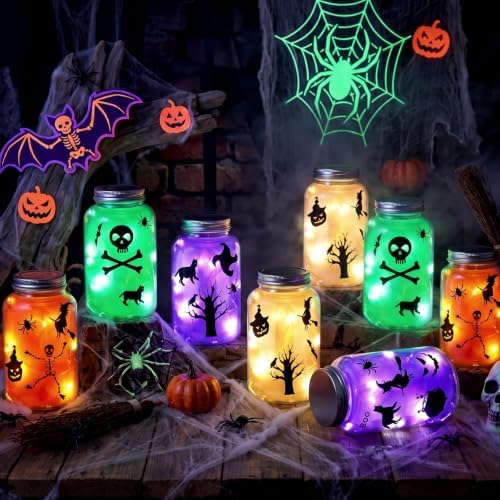 FoldTier 8 Pack DIY Halloween Mason Jar Craft Kit Set, Plastic Lantern Jar
