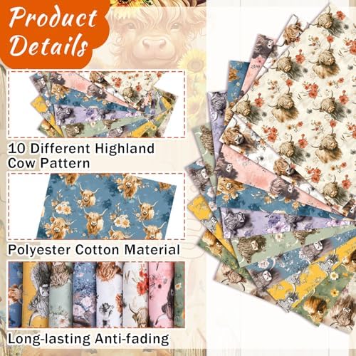 Hahafelt 10 Pcs Fall Highland Cow Quilting Fabric Bundles 20 x 20 Inch