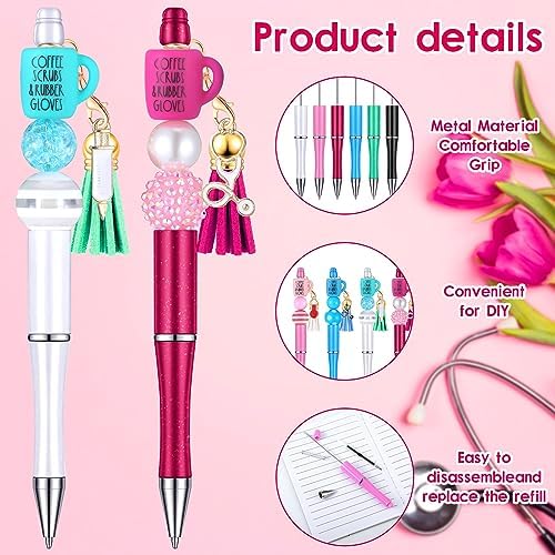 Jutom 12 Pcs Stylish Nurse Beadable Pens Kit with 50 Beads Tassels