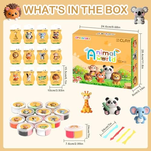 Air Dry Clay Kit - 12 Animal Modeling Clay for Kids, Complete DIY Clay Craft Set with Sculpting Tools & Step-by-Step Tutorials, Ultra Soft & Non-Sticky Clay, Children's Day Gift Ideas