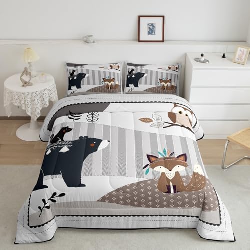 Cartoon Animal Bedding Comforters King Size,Cute Bear Owl Fox and Plant Comforter Set for Children Xmas Gift,Exotic Indian Style Quilt Set Bedroom Decor, 2 Pillowcases