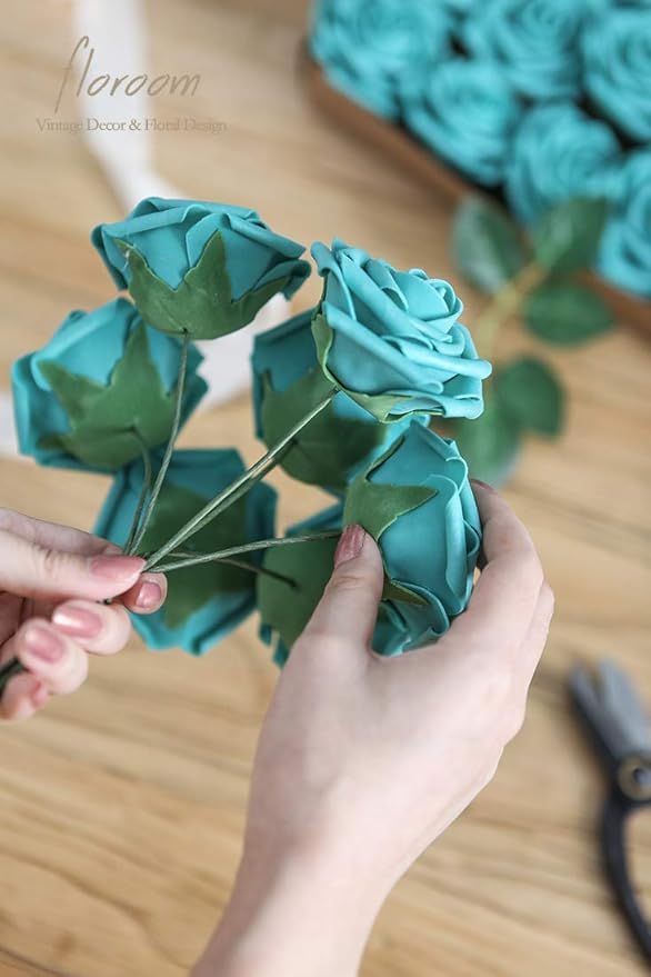 Floroom Artificial Flowers 50pcs Real Looking Teal Green Foam Fake Roses - Image 4