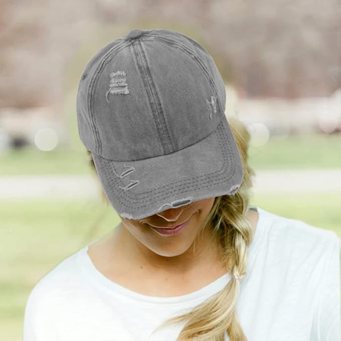 Criss Cross Ponytail Hat Women Washed Distressed Baseball Caps Adjustable High Messy Bun Ponycap