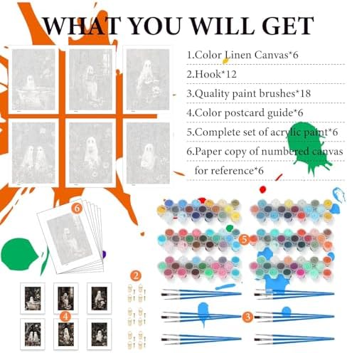 GOUOYANA 6P Halloween Paint By Numbers Kit for Adults Ghost Acrylic Canvas