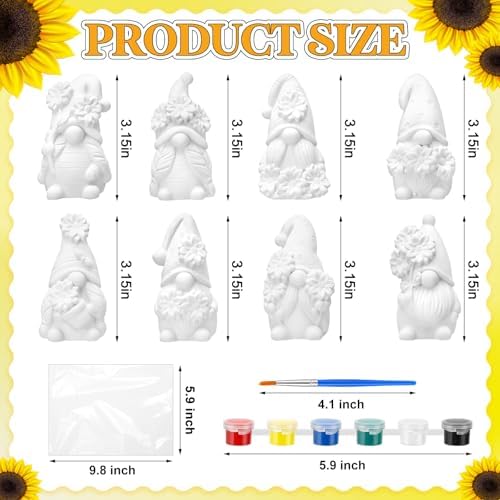 PullCrease 8 Pcs Gnome Ceramics to Paint Sunflower DIY Unpainted Kit