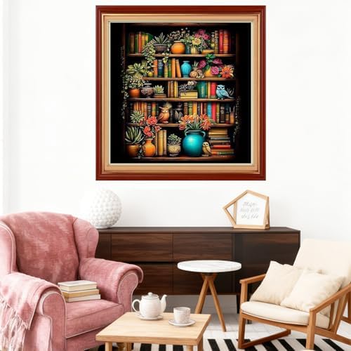 Joyhoor Stamped Cross Stitch Kits for Beginners Needlepoint Kits for Adults Embroidery Kits 11CT Counted Cross Stitch Kits Printed Embroidery Pattern-Bookshelf Flowers 18x18 inch
