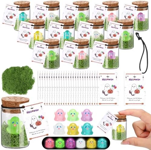 Skylety 60 Sets Halloween Ghost in a Mason Jar with Moss and Card Glow in the Dark Adopt a Ghost Figurine Luminous Creepy Crafts Spooky Crafts for Halloween Horror Decorations DIY Party Gifts