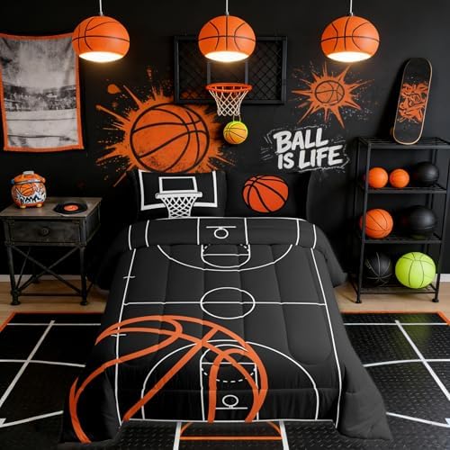Castle Fairy Basketball Court Print Kids Comforter Set Toddler Size,Ball Sports Games Themed Bedding Comforters Bedroom Decor,Orange Basketball and Hoop Microfiber Quilt/Duvet Set for Kids Teens,3pcs