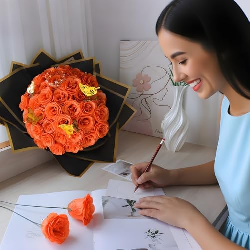 Orange Glitter Flowers Bouquet, Fake Roses Bouquet 16 Pcs DIY Glitter Rose Bouquet Kits Birthday Gifts for Women Mom Mothers Day Anniversary Graduation