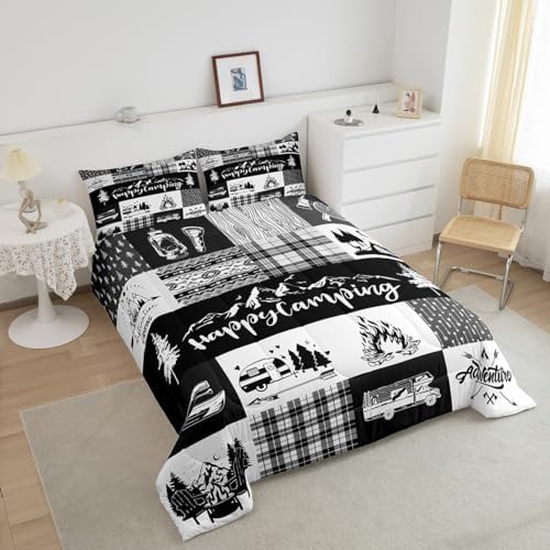 Castle Fairy Camper Adventure Full Size Comforter Set,Happy Camping Plaid RV Inside Decor Bedding Comforters Bedroom Collection,Arrow Hunt Cabin Rustic Farm Check Bedding Set for Girls Teens