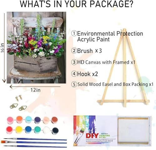 MIRCVSH Flowers Paint by Numbers for Adults with Framed Canvas-with Wooden Easel,Paint by Number on Canvas,DIY Acrylic Oil Painting Kits with Brushes Nice Gift Box for Home Wall Decor(12x16 Inch)