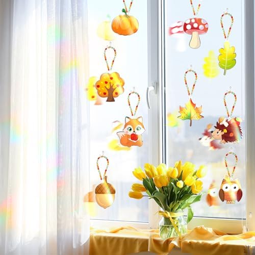 Dunzoom 30 Pcs Fall Suncatcher Craft Kit, DIY Window Art Painting Set
