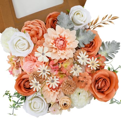 Floweroyal Artificial Flowers Combo Champagne Flowers Mix Silk Flowers Dahlia Roses with Stems for DIY Wedding Bridal Bouquets, Baby Shower, Floral Arrangement, Table Centerpieces, Home Decorations.