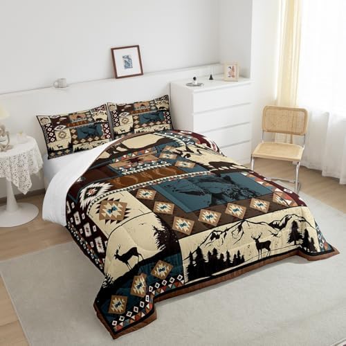 Deer and Bear Wild Animal Bedding Comforters Queen Size,Tribal Exotic Style Patchwork Plaid Comforter Set with 2 Pillowcases,Retro Rustic American Geometric 3pcs Children Adult Polyester Duvet Set