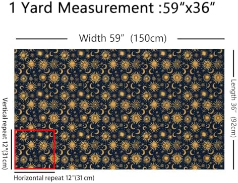Sun Moon Fabric by The Yard,Starry Galaxy Moon Sky Soft Polyester No Stretch Fabric,Boho Exotic Decorative Fabrics,Navy Gold Crafts & Sewing Supplies,5 Yards,180" L x 59" W