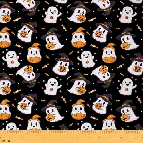 Feelyou Happy Halloween Soft Flannel Fabric by The Yard Kids 2 Yards Black Cute Ghost Upholstery Fabric Pumpkin Candy Spooky Trick or Treat for Home DIY Projects, Indoor Decor