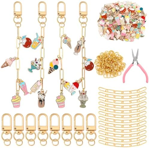 Tondiamo 266 Pcs Ice Cream Party Favor DIY Keychain Making Kit Summer Party Charm Jewelry Making Craft with 120 Charm 20 Keychain Clips 120 Jump Ring 25 Extender Chain Plier for Women Gift