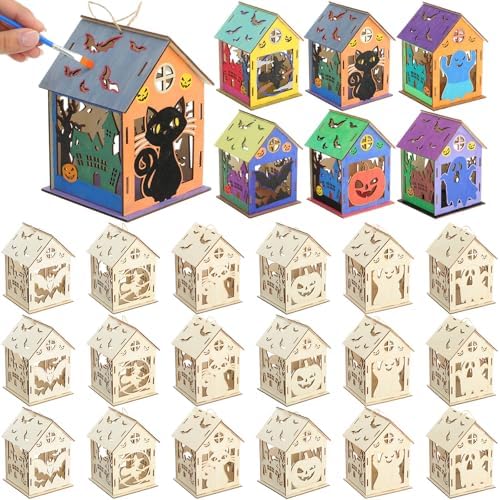 DoubleFill 12 Set Halloween Bird House Kits, Wooden House Crafts and Arts