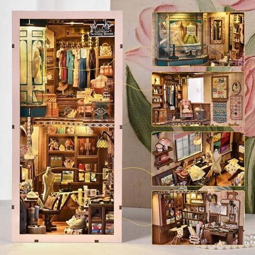fifijoy Book Nook Kit - DIY Miniature House Dollhouse Kit for Adults and Teens, Booknook Tiny House Bookshelf Decor 3D Wooden Puzzle, Gifts for Family Friends (Sewing Room)