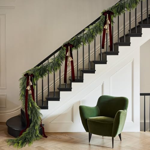 N&T NIETING 9FT Christmas Norfolk Pine Garland Real Touch Artificial Greenery Garlands Faux Winter Garland for Mantle Fireplace Table Stair Front Door Indoor Outdoor Holiday Xmas Decorations (1 Pcs)