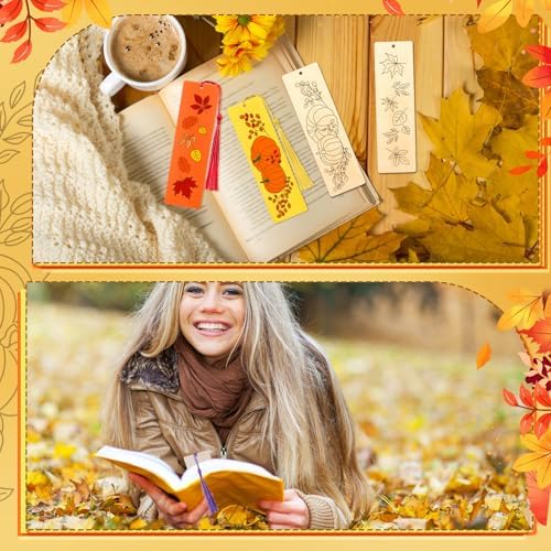 200 Pcs Fall Wood Bookmarks to Color Bulk, Color Your Own with Tassels