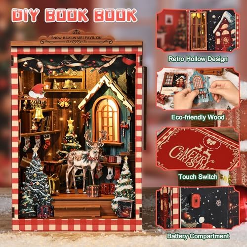 DIY Mini Book Nook Kit, Snow Realm Wei Pavilion 3D Wooden Puzzle with LED Lights, Christmas Themed Bookshelf Decor, 161 Pcs Adult Craft Model for Home & Gift
