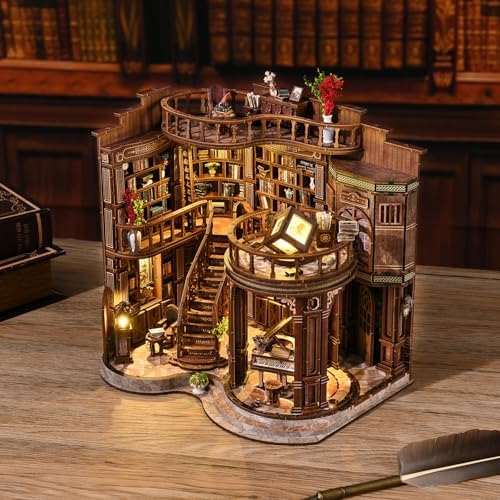 Book Nook Vintage Library Wooden DIY Kit - 3D Bookshelf Model with LED Lighting, Classic Study Room Decor for Adults