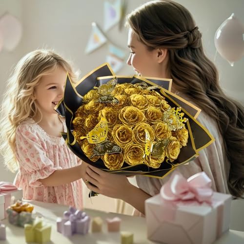 DIY Glitter Roses Bouquet Kit Gold- 16 Fake Shiny Flowers with Stems Butterfly Crown Eternal Floral for Graduation Handmade Wedding Bouquet Anniversary Birthday Gift, for Her