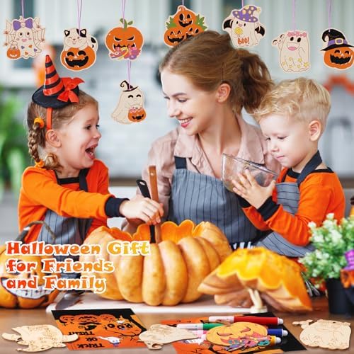 24 Sets Wooden Halloween Coloring Crafts Kits with Watercolor Pen