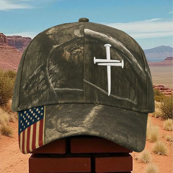 Adjustable Jesus 3 Nail Cross Hat with American Flag