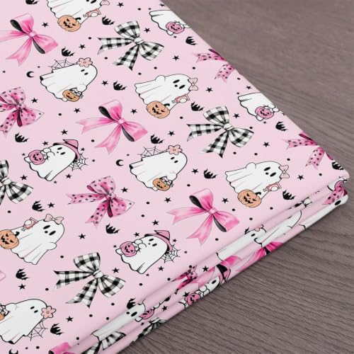 Cartoon Ghosts Fabric by The Yard Halloween Theme Pumpkin Decor Soft Polyester Sewing Fabric Pink Retro Gingham Bow Girly No Stretch Material for DIY Art Craft Making 10 Yard Bolt,360" L x 59" W