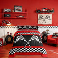 Castle Fairy Race Car Themed Comforter Set King Size,Black White Checkered Flag Print Bedding All Season Quilt Set,Red Stripes Geometric Grid Microfiber Polyester Down Comforter, King 104/''x90/''