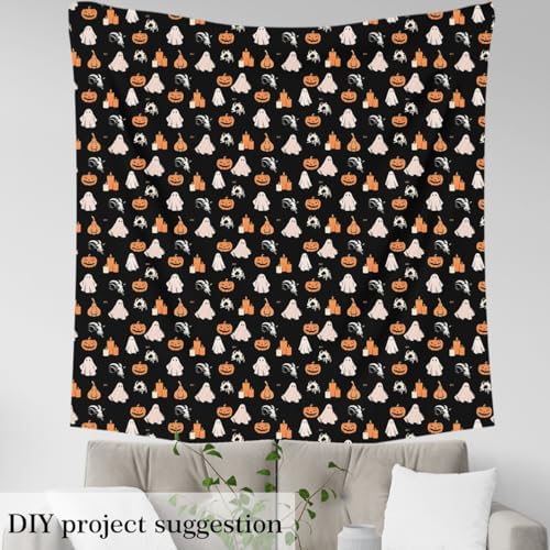 Feelyou Halloween Theme Soft Flannel Fabric by The Yard 2 Yards Kids Gothic Sugar Skull Upholstery Fabric for Boys Girls Teens Cute Ghost Pumpkin Lantern for Home DIY Projects, Indoor Decor
